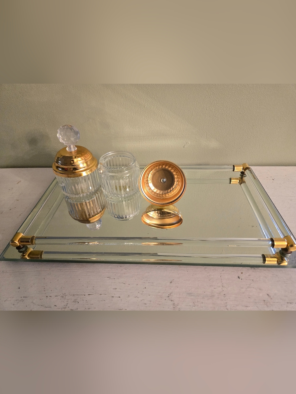 Vintage Hollywood Regency Gold Mirror Tray & Glass Bottles Set - Picture 3 of 7